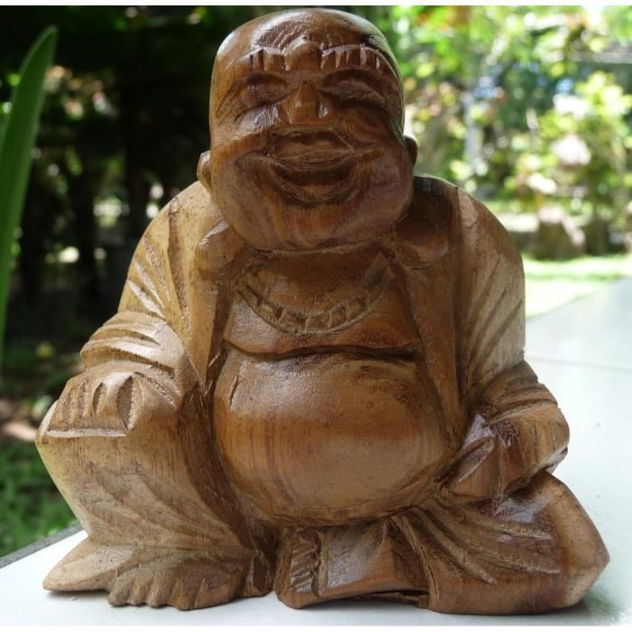 Statue Bouddha Chinois rieur de la fortune prospérité richesse bois d'hibiscus