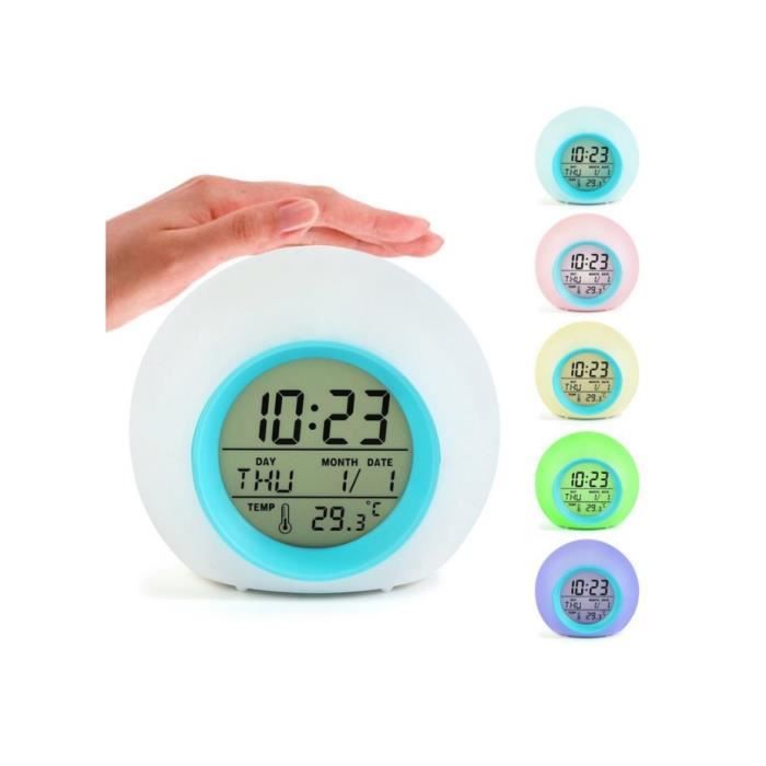 Réveil Digital LED Horloge Numérique avec 7 Couleus Affichage l’Heure Date et Température