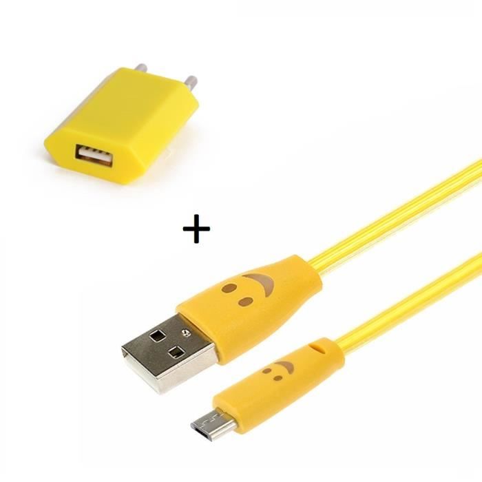 Pack Chargeur pour -IPHONE 12 Mini- Lightning (Cable Smiley LED + Prise Secteur USB)Connecteur (JAUNE)