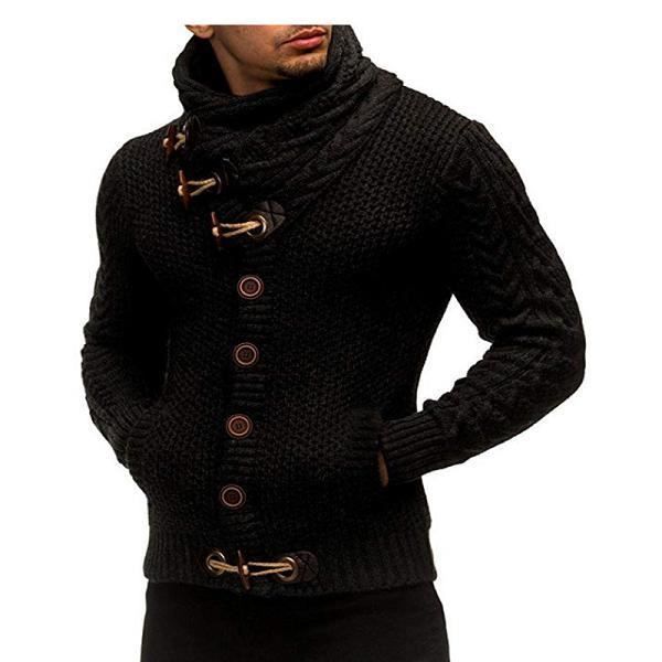 Pull long pour homme,Cardigan homme chandail mode tricoté col montant chandail hommes Clothig à manches longues couleur unie bouto