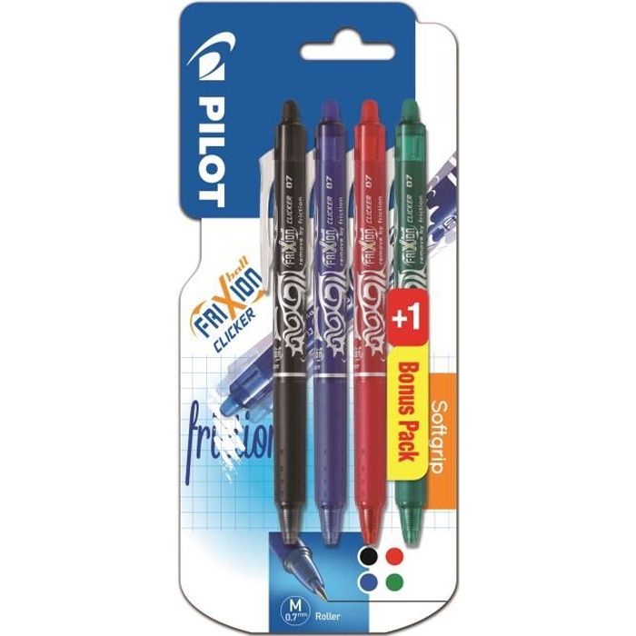 PILOT - Rollers effacables - Frixion Ball Clicker X3 +1 - Pointe Moyenne - Encre : noire, bleue, rouge, vert