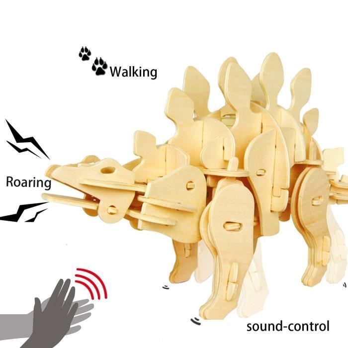 3D Puzzle Jeu d'Assemblage Dinosaures Modèle Stégosaure Contrôle Sonore Bois Bricolage Kit de Construction Enfant Jouet Cadeaux Noël