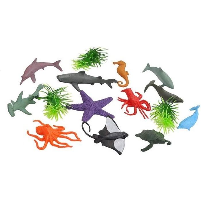 Set Animaux Aquatiques - 15 Figurines - Requin - Raie - Homard - Hippocampe - Etoile De Mer - Jouets Enfant - Zoo - Monde Miniatures