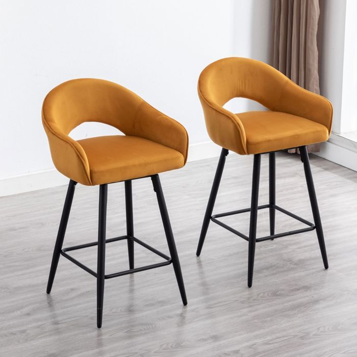 Wahson Tabouret Bar Lot de 2 Tabouret de Bar Pivotant, Chaise Haute Bar avec Repose-Pied Métal pour îlot de Cuisine, Velours, Jaune