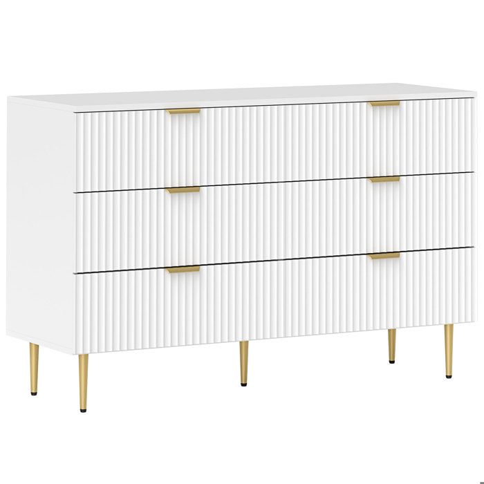 Commode 6 tiroirs - HOMCOM - moderne - poignées et pieds dorés - pour chambre à coucher et salon - 120 x 40 x 76 5 cm - blanc Commode 6 tiroirs - HOMCOM - moderne - poignées et pieds dorés - pour chambre à coucher et salon - 120 x 40 x 76 5 cm - blanc