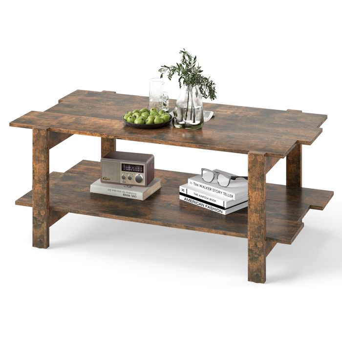 Table Basse Salon à 2 Niveaux COSTWAY Bois à Lattes Étagère de Rangement Table Rectangulaire dAccent Charge Totale 120KG Noyer