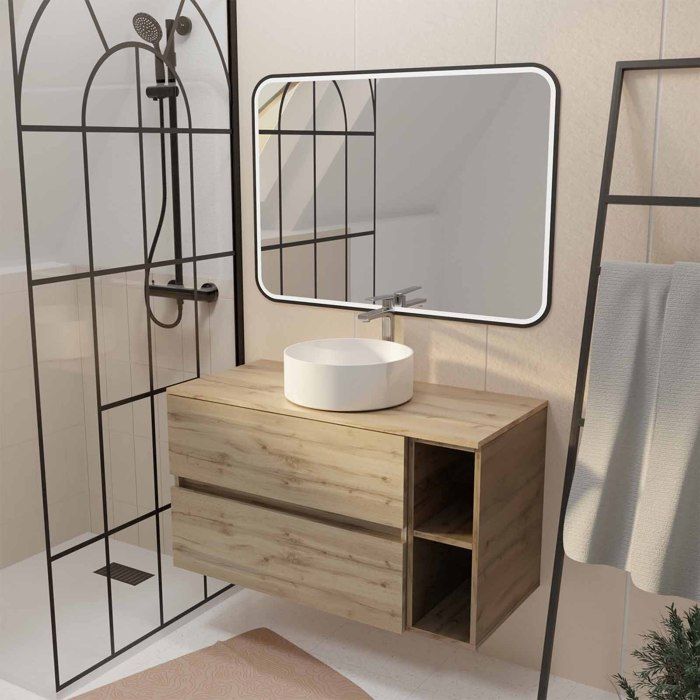 Meuble salle de bains 100 TIMBER Décor Chêne 2 Tiroirs Vasque Blanche Miroir 100x70 LED bord Noir