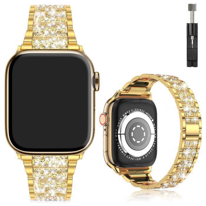 Stravo Bracelet montre bijou métal Apple Watch 44/45/46/49mm Series 4-12 SE 1-3 Ultra 2-4 – Strass – Or