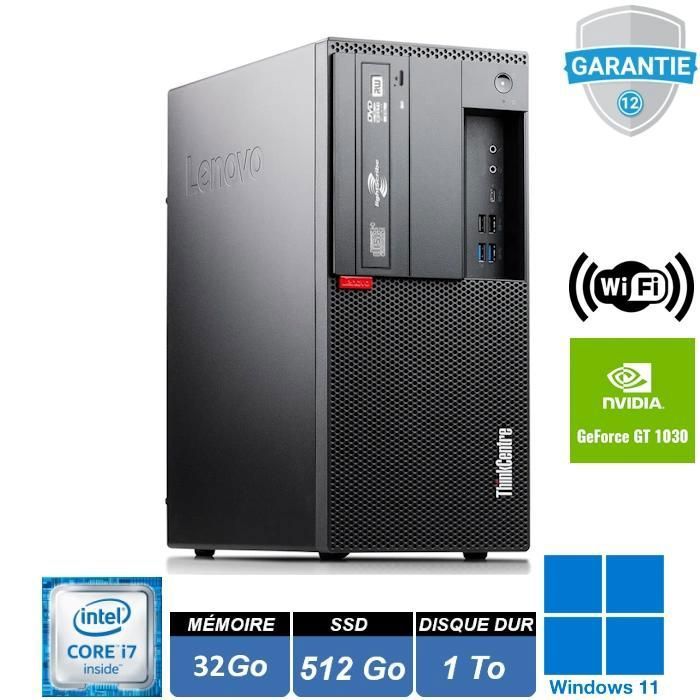 Unité centrale - LENOVO - M920t - I7 8700 - RAM 32Go - SSD 512Go + HDD 1To - NVIDIA GT1030 2Go - Pc fixe - Win 11 Pro - WIFI Reconditionné - Lenovo reconditionné disponible sur Cdiscount Seconde Vie