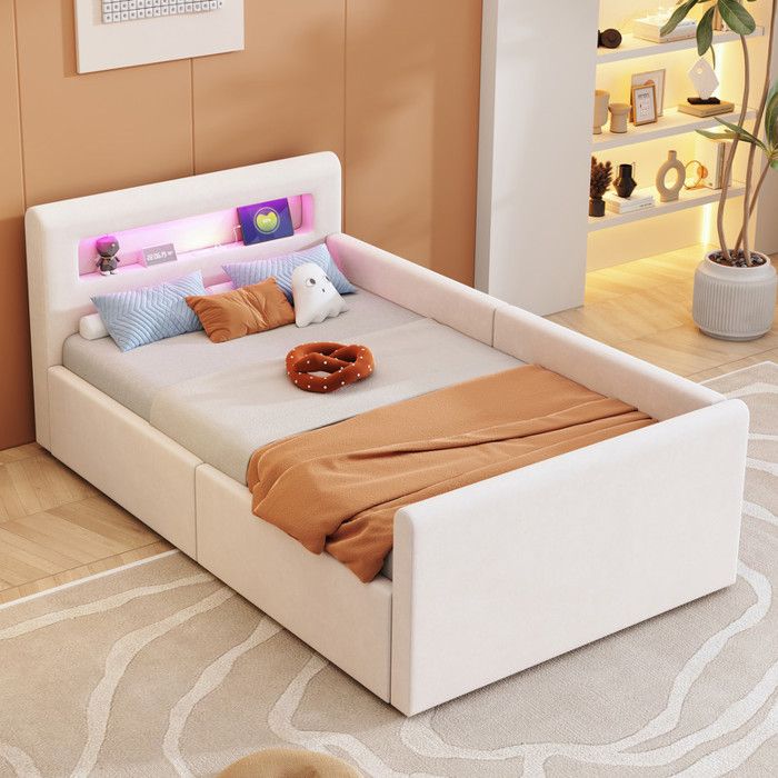 Lit Simple Rembourré 90x200 cm avec éclairage LED et Port USB Structure de Lit avec étagère Lit Enfant en Tissu Velours Beige