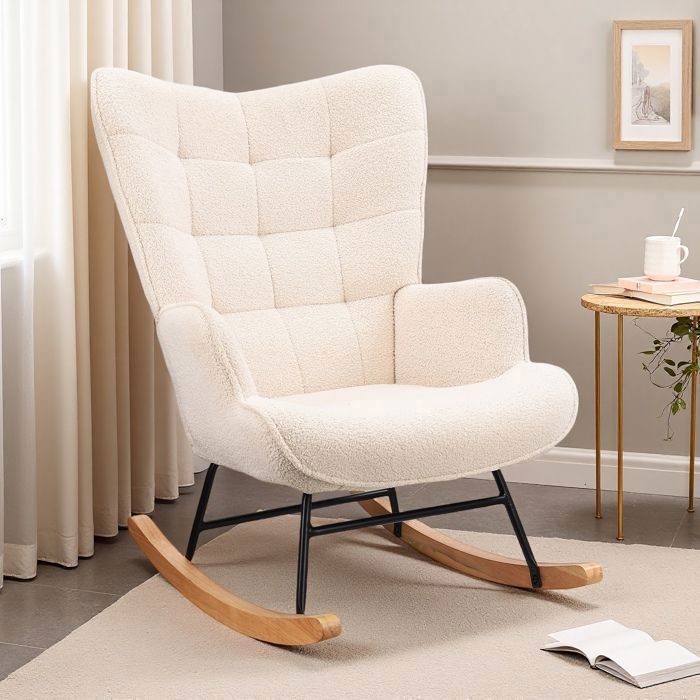 Fauteuil à Bascule ADWOLT rocking chair Velours Teddy Fauteuil de Relaxation Bois et Cadre en Métal chaise a bascule Beige