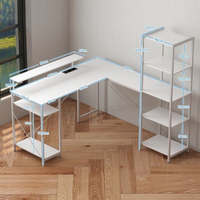 meuble multimedia Bureau gamer L blanc 137x140x139.5cm avec étagère support écran prise USB et électrique idéal pour chambre meuble multimedia Bureau gamer L blanc 137x140x139.5cm avec étagère support écran prise USB et électrique idéal pour chambre