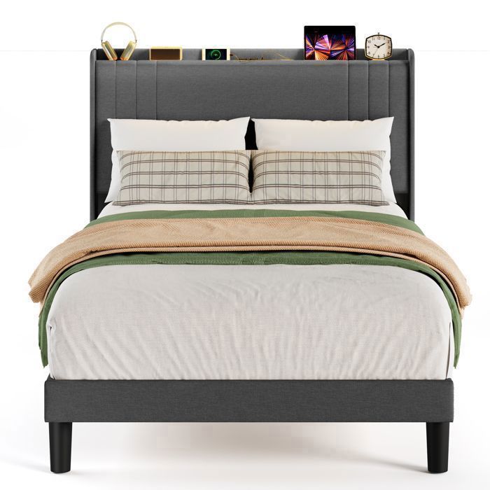 Structure de Lit - Bealife - Bealife - 120x200cm - Tête Rembourrée - Lattes en Bois de Sapin - LED Réglable - Prise USB - Gris
