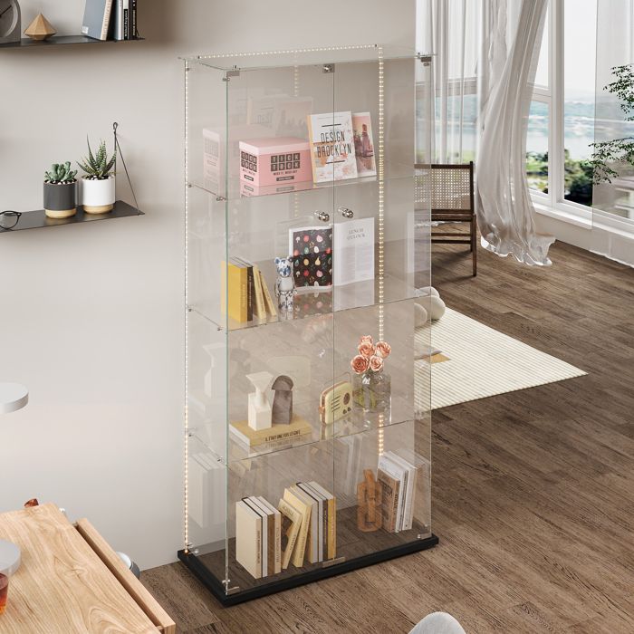 Vitrine en verre trempé noir,meuble de collection transparent avec 2 ...