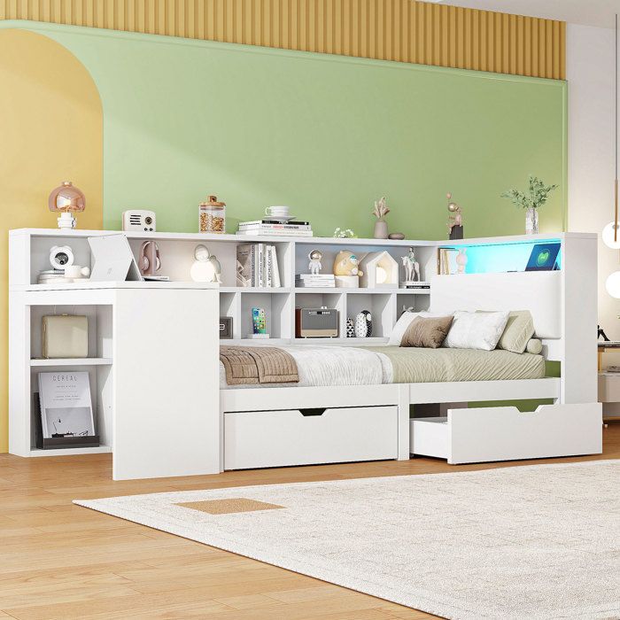 Lit simple 90x200 cm avec éclairage LED lit enfant avec bureau et bibliothèque cadre de lit avec tête de lit et tiroirs blanc
