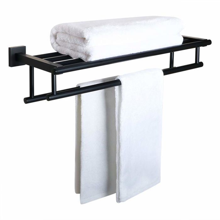 Double Barre Porte Serviette Mural de Salle de Bain Support Serviette avec Étagère en Acier Inoxydable Longueur 60CM Noir Mat