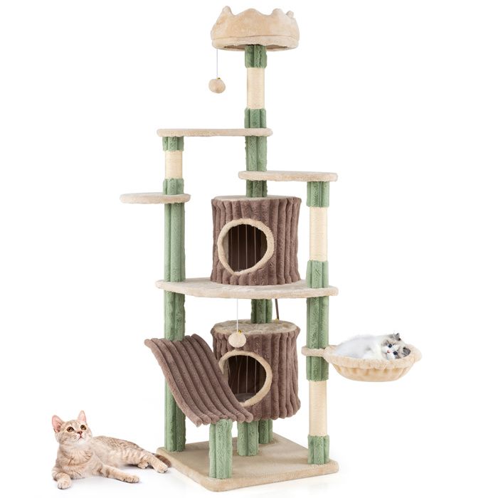 Comparer les prix de Arbre à Chat Multi-Niveaux 163 CM COSTWAY 2 Condos Perchoir en Peluche Poteaux à Griffer en Sisal Balles Suspendues Toboggan
