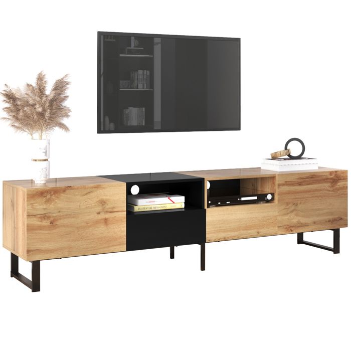 Meuble TV moderne noir et bois avec portes tiroirs et grand rangement