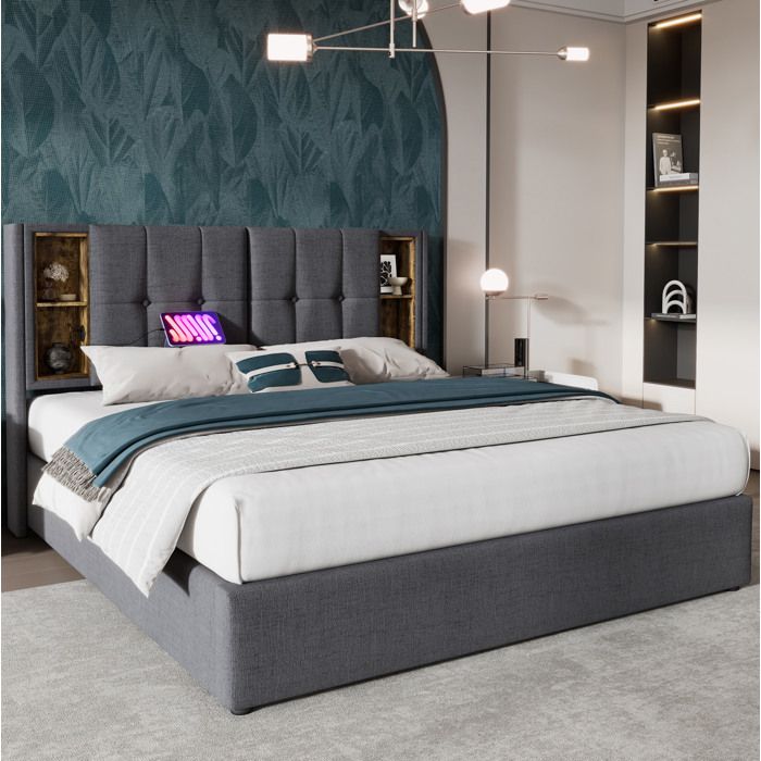 Lit coffre double gris 180×200 cm sommier inclus charge sans fil + USB/Type‑C structure solide