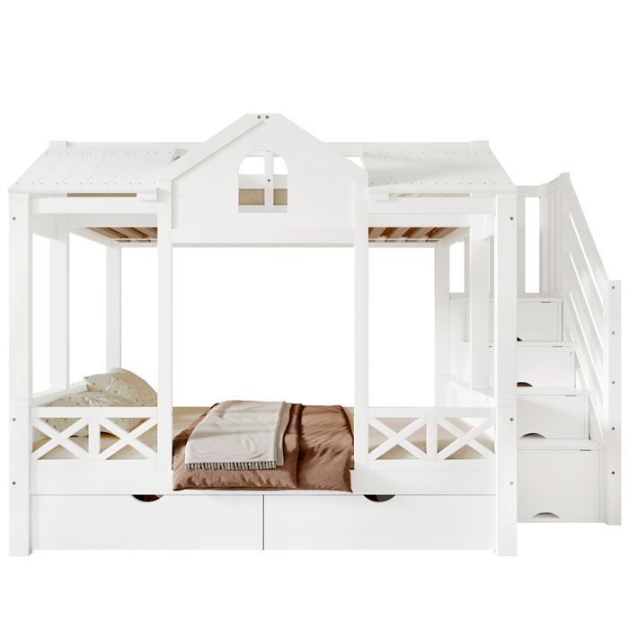 Lit Superposé Enfant 90/140x200 cm avec Escalier Rangement à 4 Cases 2 Tiroirs Fenêtres et Toit - Pin MDF - Blanc - Sans Matelas