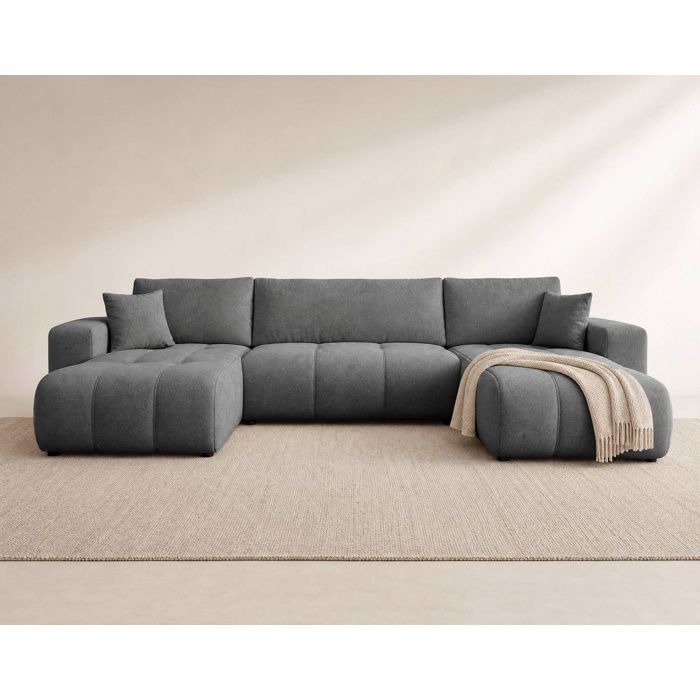 Nicole - Canapé panoramique en U 7 places convertible avec coffre en tissu - Gris