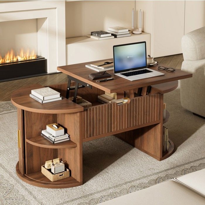 Table basse relevable 100x50 cm avec portes coulissantes rangements ouverts MDF noyer pour salon