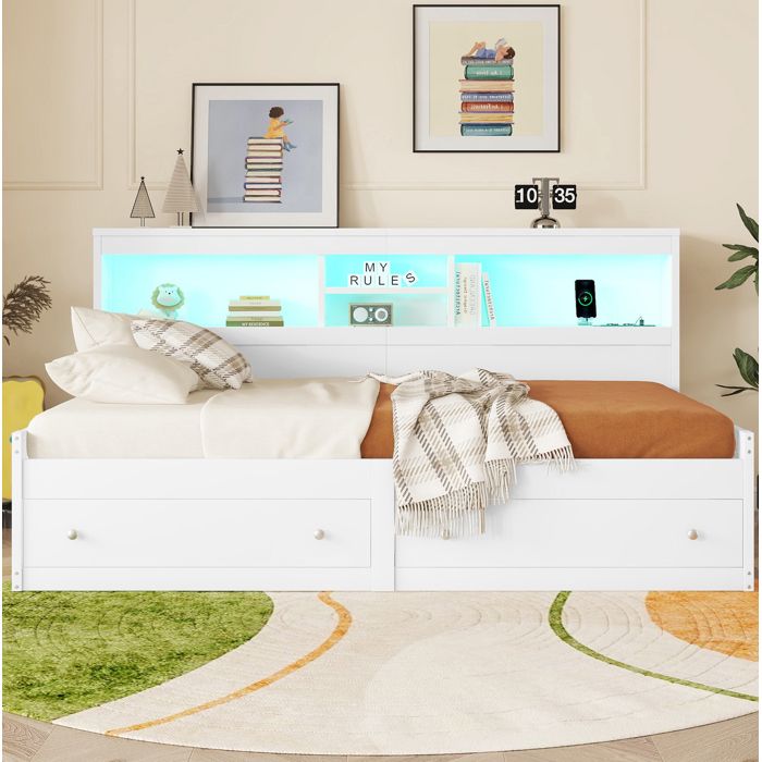 ULEVR Lit banquette 90 x 200 cm blanc avec LED dambiance 2 tiroirs 2 USB et 2 prises sommier à lattes