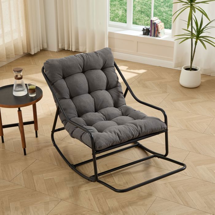Fauteuil à bascule dextérieur en acier avec coussin épais et repose-pieds style moderne gris