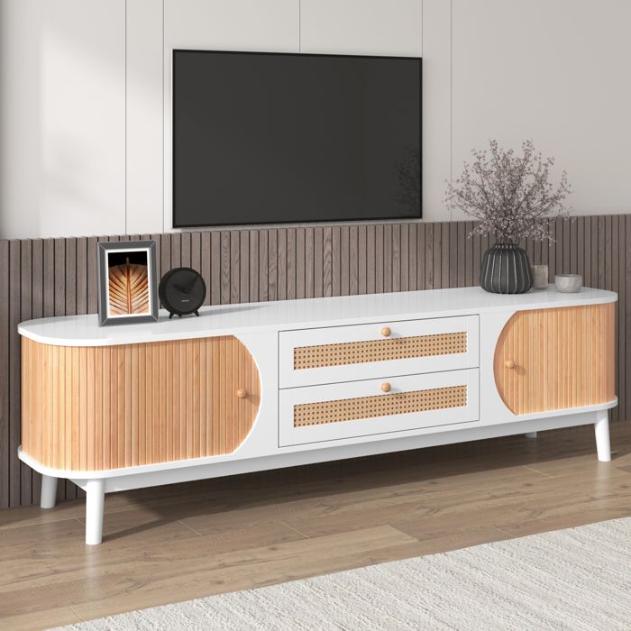 LPOSPI Meuble tv bas en bois avec portes coulissantes et tiroirs - design naturel avec détails en rotin - 170x395x46 cm - blanc