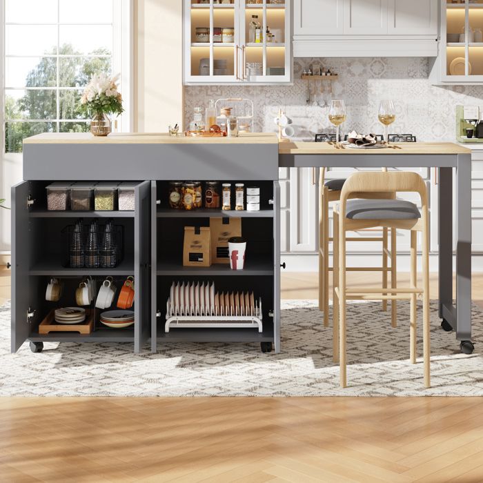 Table de bar extensible - 118-180x50x94 cm - 6 compartiments rangement - MDF gris - roulettes