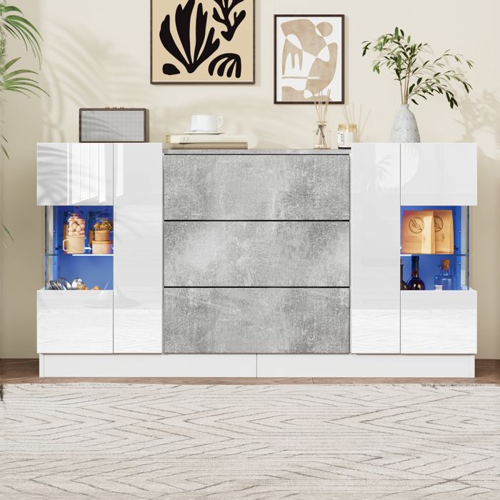 Buffet / Vaisselier - PAGE LIVING - 140x35x75 cm - 2 portes 3 tiroirs - Blanc brillant & marbre gris - LED 16 couleurs