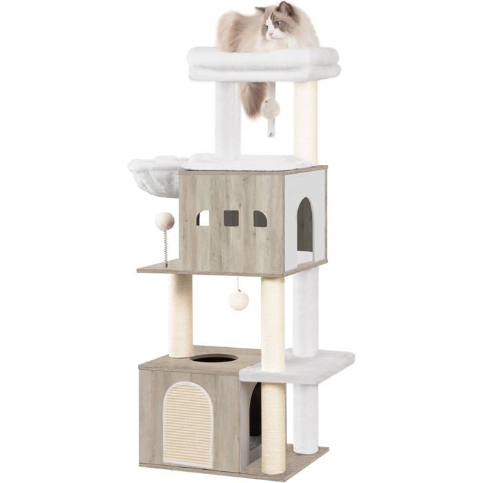 130 cm Arbre a Chat Arbre a Chat Bois Grande Plateforme 2 Niches 4 Griffoirs Hamac 3 Pompons Lvoire Clair