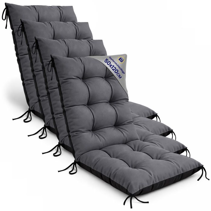 Coussin Chaise Jardin Dossier Haut Set: 4x 50x120 cm - Matelas Siege Extérieur Mobilier Confort Imperméable Graphite