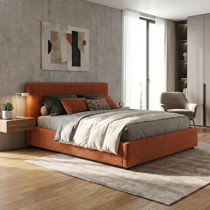 Lit Coffre Versailles 90x190 Cm – Velours Côtelé Terra Cotta – Tête De Lit Incluse – Grand Coffre