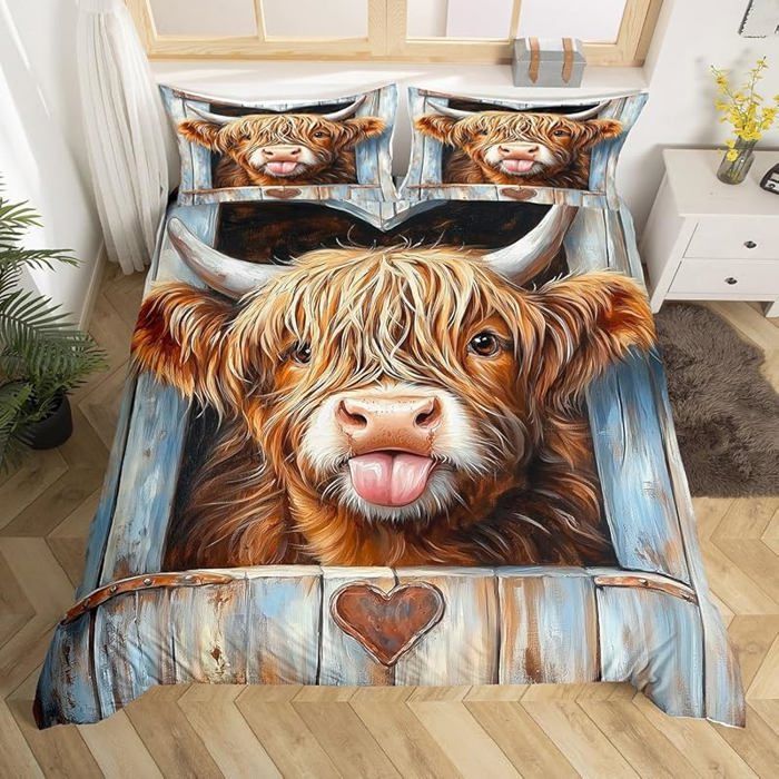 Housse de couette vache highland 140x200cm 1 taie literie ferme animal pour enfants et ados PARURE DE COUETTE