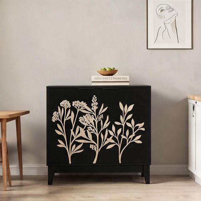 Buffet vintage 80 cm en MDF classique noir façade sculptée 2 portes et étagères ajustables