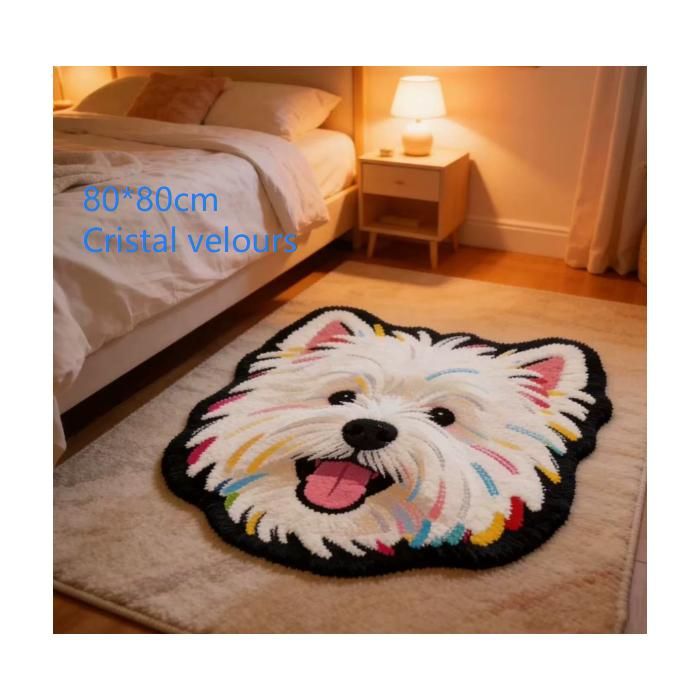 Tapis tête west highland asymétrique 80×80cm velours cristal tapis chevet déco chambre animaux domestiques