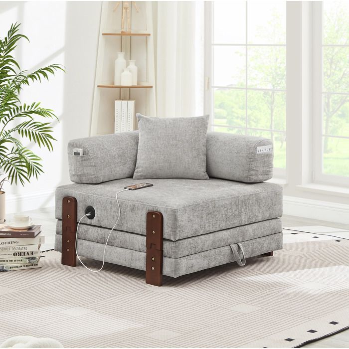 Canapé convertible 2 places avec rangement et ports USB Type-C en tissu gris clair