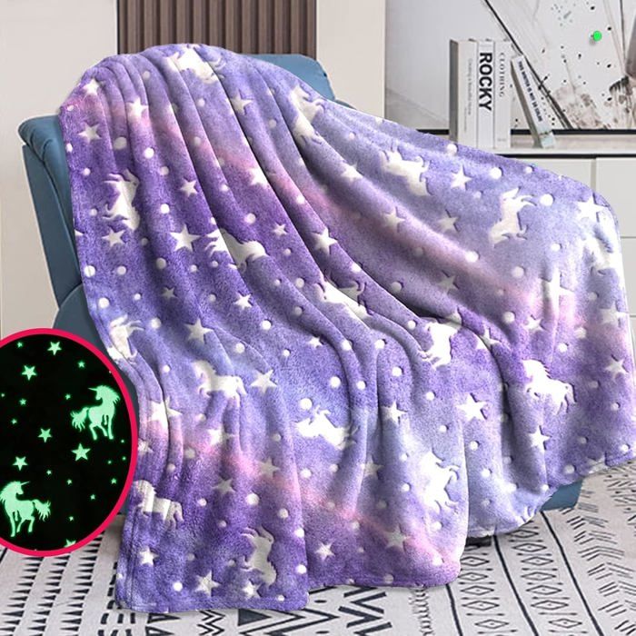Couverture licorne pour enfants brille dans le noir 150x200cm douce et confortable Pour 1-10 ans canapé salon chambre lilas