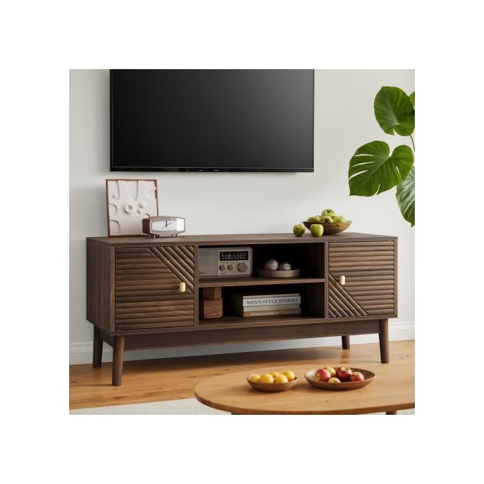 Meuble TV 110x40x48 cm - 2 portes et niches ouvertes avec passe-câbles - MDF et pieds en bois massif - Effet Noyer