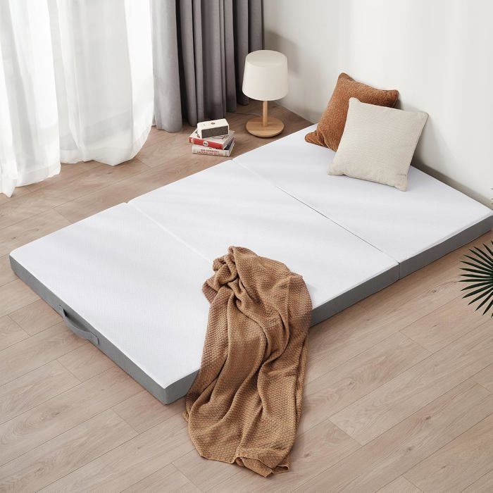 Matelas pliable lit dappoint/de sol en éponge haute densité 75x195x10cm Dureté H3 Housse Oeko-TEX Blanc Gris