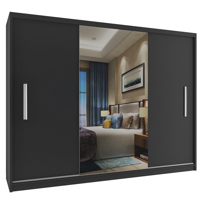 BELINI Grande Armoire 3 Portes Coulissantes VERONA ME 232 cm - Noir Mat - Miroir Intégré & Tringle - Chambre Adulte