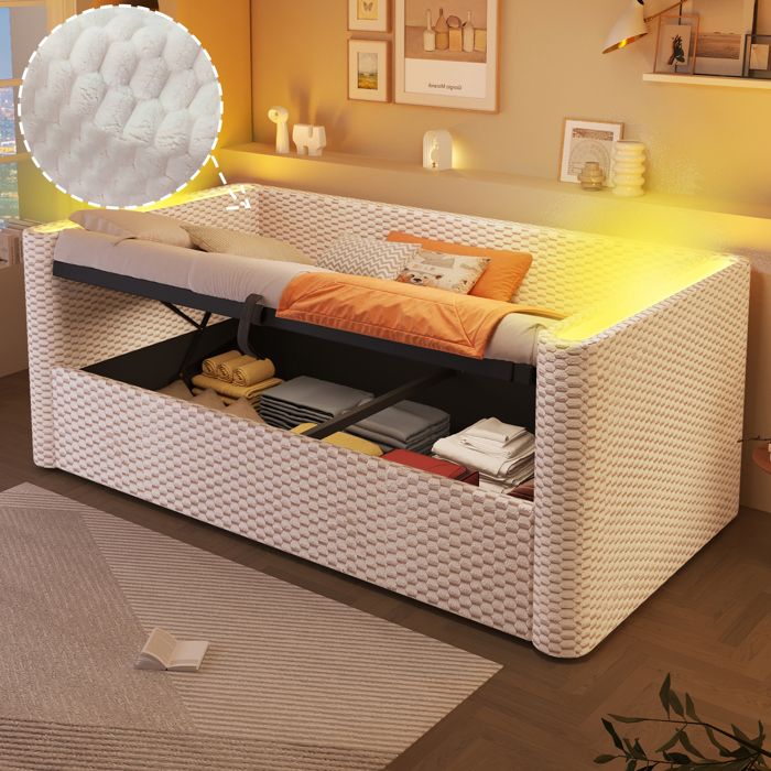 Canapé lit 90x200 beige velours avec LED rangement hydraulique et sommier inclus