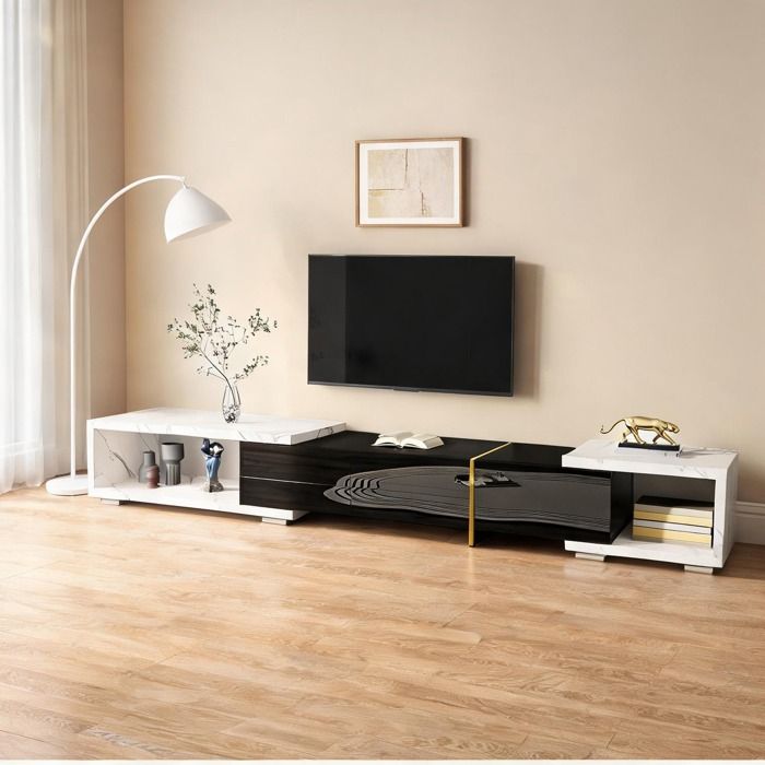 Meuble TV extensible 140-260 cm finition marbre blanc et noir brillant/mat détails dorés design contemporain