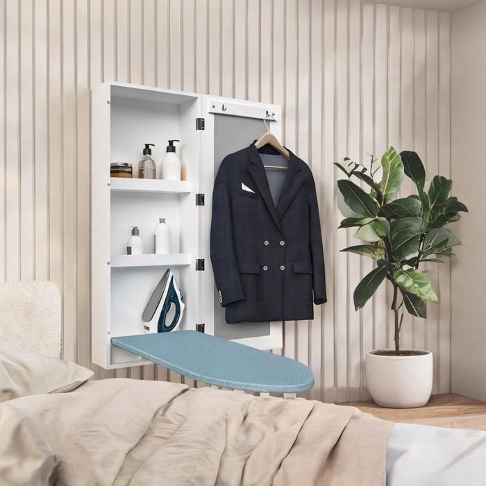 Meuble mural avec planche à repasser rabattable et miroir MDF classique blanc 95 x 34 x 17 5 pouces
