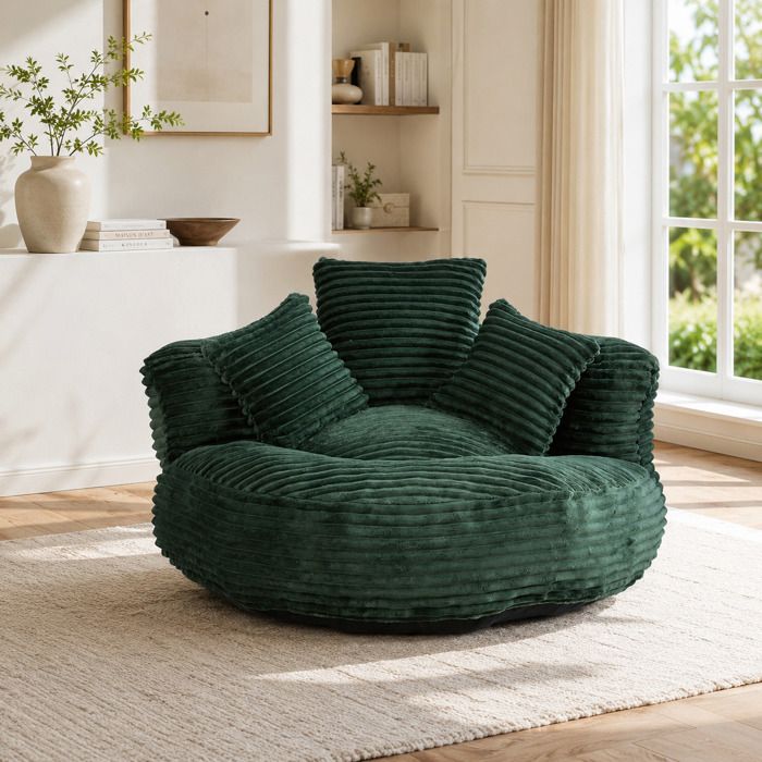 Pouf Poire 108×108×52 cm avec 3 Coussins — Convient Canapé Lazy pour Salon et Chambre Velours Côtelé Vert