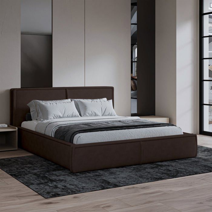 Lit rembourré avec coffre et sommier en bois - CORDO - 180x200 cm - velours côtelé beige Lit rembourré avec coffre et sommier en bois - CORDO - 180x200 cm - velours côtelé beige