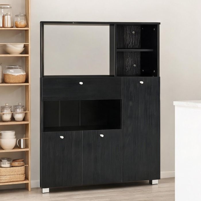 Meuble micro-ondes noir design contemporain 2 portes 4 niches tiroir L90 x P40 x H120 cm