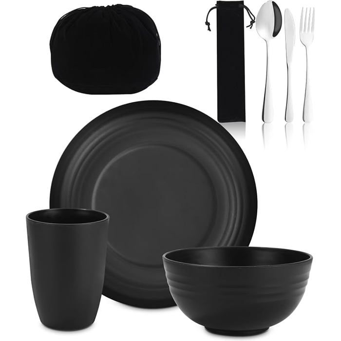 Set de couverts de camping Vaisselle de camping noire Couverts en acier inoxydable Gobelet léger réutilisable Passe au