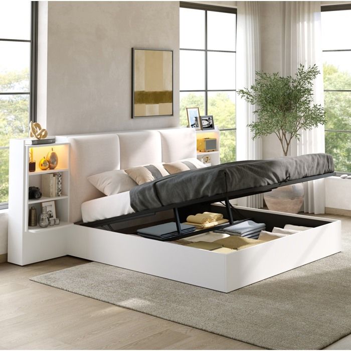 Lit coffre 180x200 cm blanc avec tête de lit rembourrée 6 niches de rangement LED intégrée